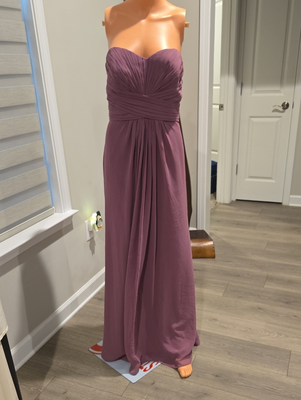 David's Bridal Strapless Ruched Sweetheart Gown in Mauve
